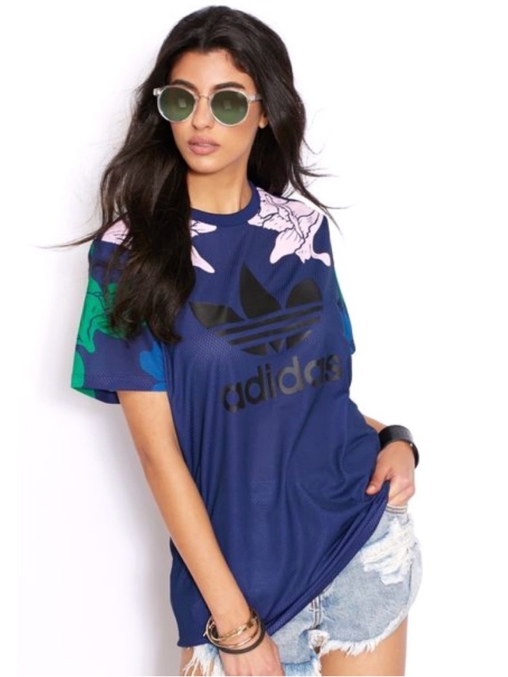 adidas Women’s Blue Green Pink Black Floral Engraving Short-Sleeve Tee Size M
